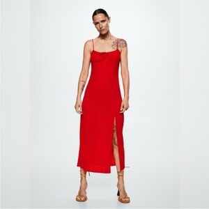 Mango ruched bust red midi dress